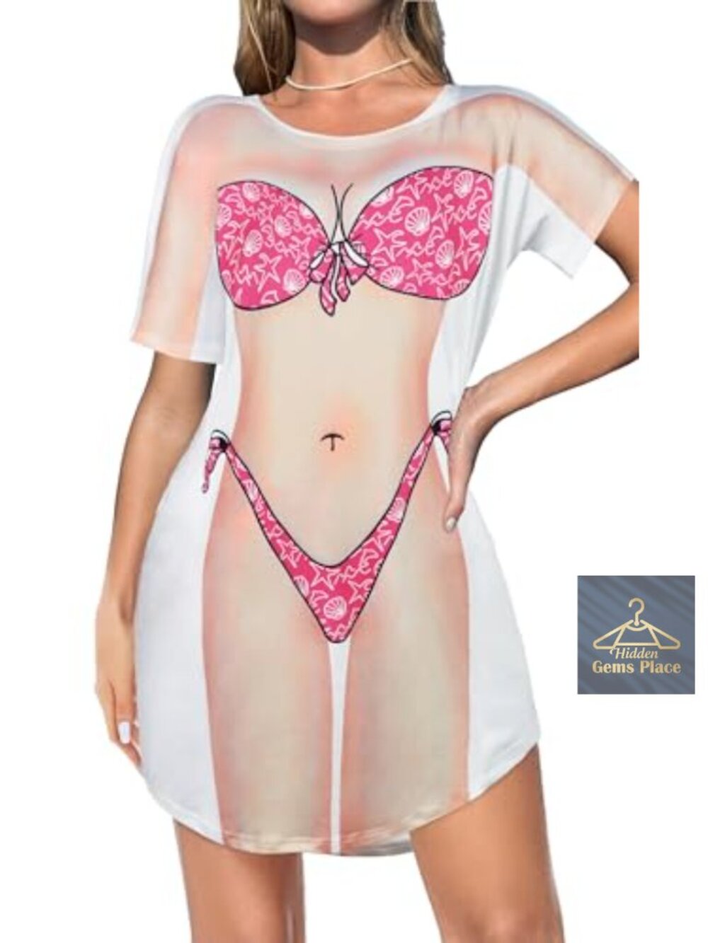 Womens Beach Cover Up Bikini Print Short Sleeve Baggy Cute Tunic